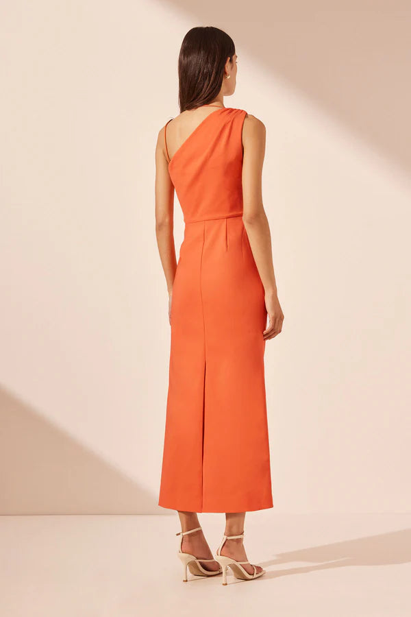 Lani Asymmetrical Gathered Midi Dress - Hibiscus - Lulu & Daw - Shona Joy - dress, new arrivals, new arrvials, shona joy - Lulu & Daw - Australian Fashion Boutique
