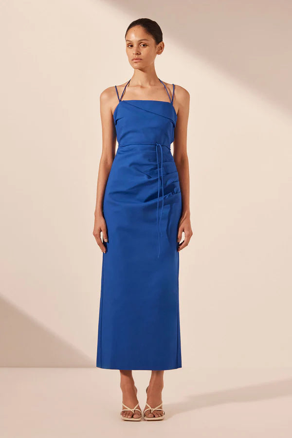 Shona Joy Shona Joy Lani Draped Cross Back Midi Dress - Azure Lulu & Daw Shona Joy Shona Joy Lani Draped Cross Back Midi Dress - Azure Lulu & Daw