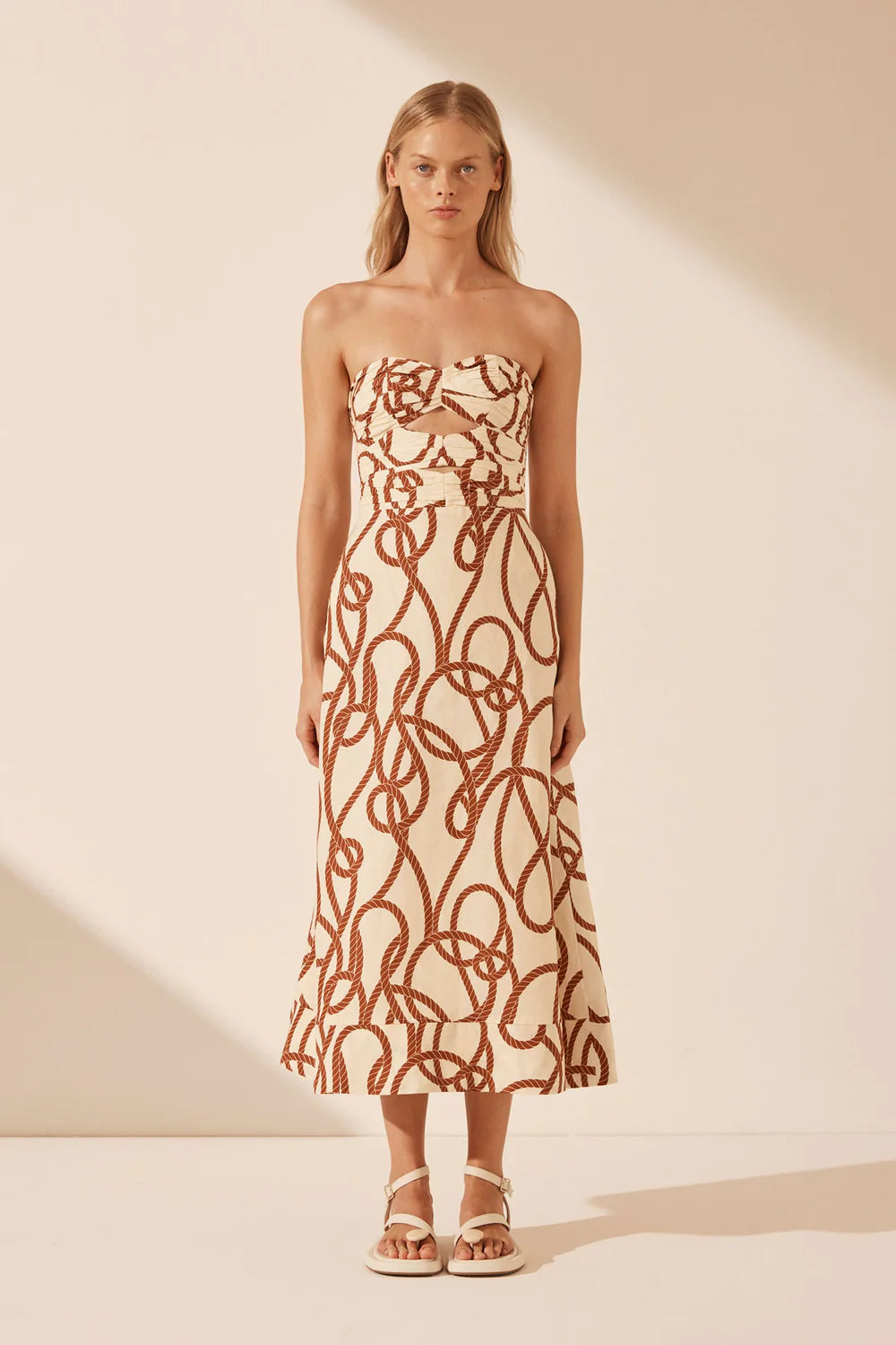Shona Joy Mouillage Linen Strapless Cut Out a Line Midi Dress
