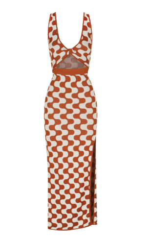 Twist Front Midi Dress - Brick/Cream - Lulu & Daw - Shona Joy - dress, shona joy - Lulu & Daw - Australian Fashion Boutique