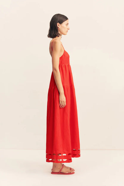 Birdie Scallop Tiered Midi Dress - Red Rose
