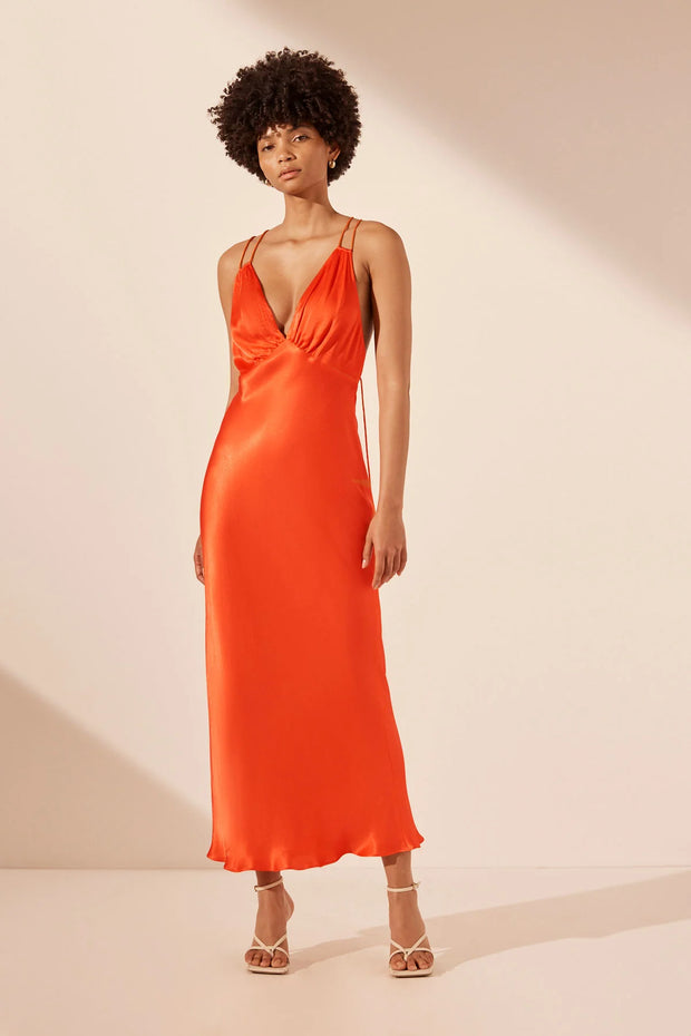 Mia Contrast Plunged Double Strap Midi Dress - Red Orange / Hibiscus - Lulu & Daw - Shona Joy - dresses, new arrivals - Lulu & Daw - Australian Fashion Boutique