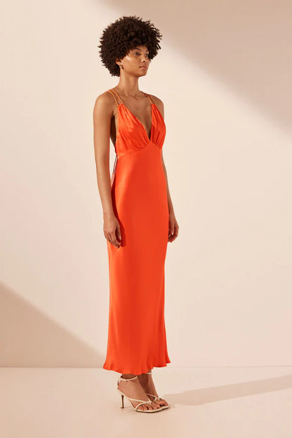 Mia Contrast Plunged Double Strap Midi Dress - Red Orange / Hibiscus - Lulu & Daw - Shona Joy - dresses, new arrivals - Lulu & Daw - Australian Fashion Boutique