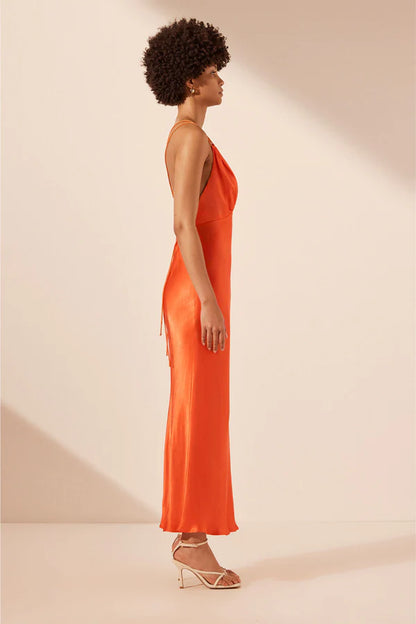 Mia Contrast Plunged Double Strap Midi Dress - Red Orange / Hibiscus - Lulu & Daw - Shona Joy - dresses, new arrivals - Lulu & Daw - Australian Fashion Boutique