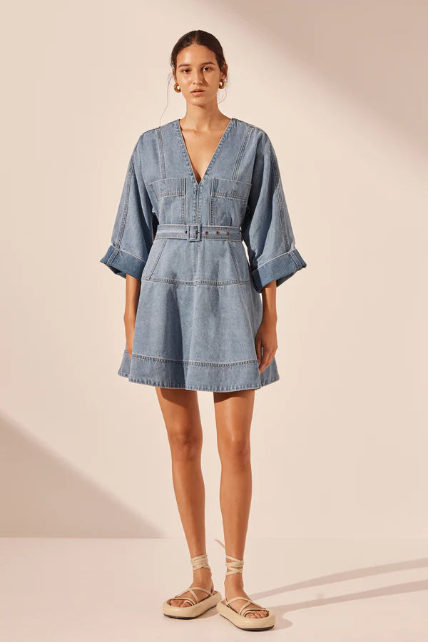 Stella Patch Pocket Mini Dress -Mid Blue - Lulu & Daw - Shona Joy - dresses, new arrvials, shona joy - Lulu & Daw - Australian Fashion Boutique