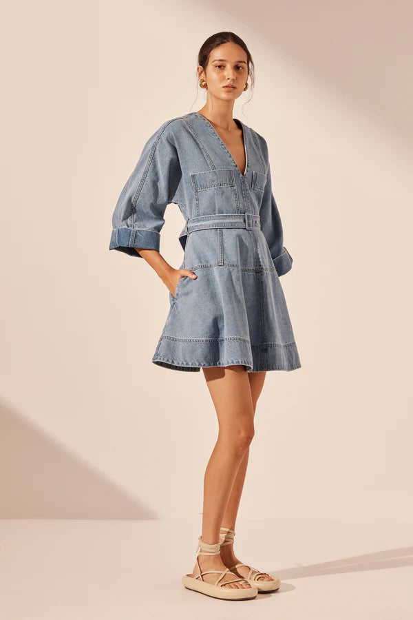 Stella Patch Pocket Mini Dress -Mid Blue - Lulu & Daw - Shona Joy - dresses, new arrvials, shona joy - Lulu & Daw - Australian Fashion Boutique