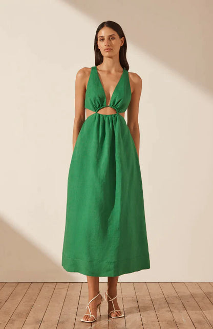 V Neck Cut Out Midi dress - Tree Green - Lulu & Daw - Shona Joy - dress, new arrvials, shona joy - Lulu & Daw - Australian Fashion Boutique