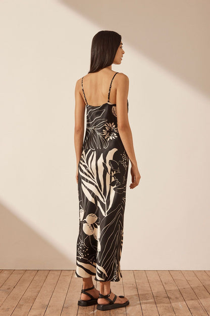 Capri Silk Plunged Midi Dress - Black/Cream - Lulu & Daw - Shona Joy - dress, shona joy, Silk - Lulu & Daw - Australian Fashion Boutique