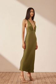 Arienzo Plunged Cross Back Midi Dress - Green Olive - Lulu & Daw - Shona Joy - new arrivals - Lulu & Daw - Australian Fashion Boutique