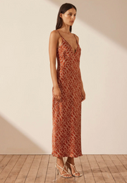 Artisti Silk Plunged Slip Midi Dress - Brick/Cream - Lulu & Daw - Shona Joy - new arrivals - Lulu & Daw - Australian Fashion Boutique