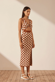 Twist Front Midi Dress - Brick/Cream - Lulu & Daw - Shona Joy - dress, shona joy - Lulu & Daw - Australian Fashion Boutique