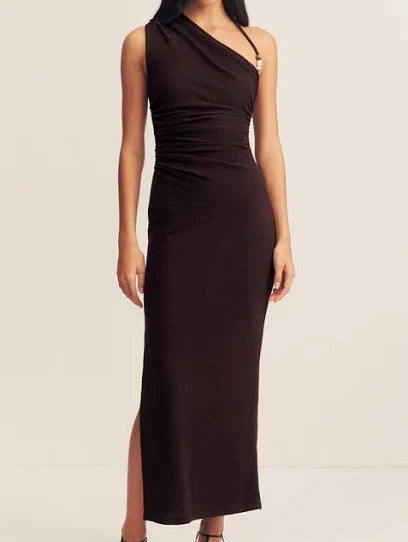 Beau Gathered Asymmetrical Dress Midi - Espresso