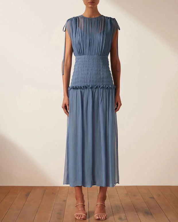 Noemi Short Sleeve Ruched Midi Dress - Ocean - Lulu & Daw -  - dresses - Lulu & Daw - Australian Fashion Boutique